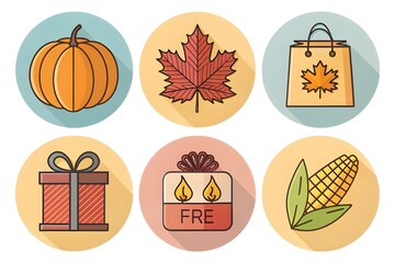 Thanksgiving elements including pumpkin, turkey, autumn leaf, shopping bag, gift box, price tag, candle, and corn in consistent rounded style with bright autumn colors and black accents - AI Generated