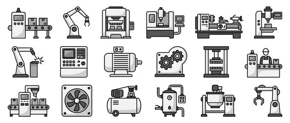 A collection of various industrial machines and robotic arms, depicted in grayscale illustrations.