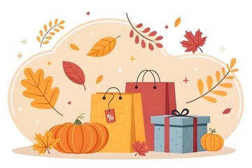 Flat illustration for Black Friday Thanksgiving discount campaign with autumn leaves swirling around shopping bags, gift boxes, and pumpkins in bright warm colors - AI Generated