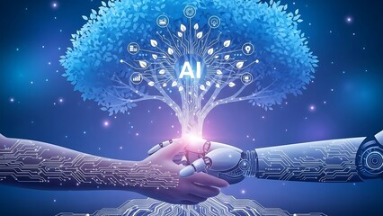 Human and robotic hands shaking under AI tree with glowing circuit lines