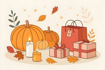 Flat illustration of cozy Thanksgiving atmosphere blended with Black Friday shopping featuring pumpkins, candles, autumn leaves, and gift boxes in a warm, modern style - AI Generated