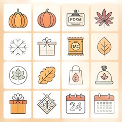 Outline-only icon set combining Thanksgiving and Black Friday elements with consistent stroke, rounded corners and grid alignment - AI Generated