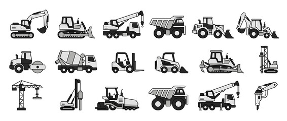 Collection of illustrated construction vehicles and heavy machinery in black and white, ready for work.