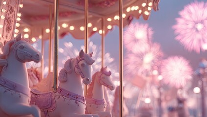 Whimsical carousel with pink horses and fireworks against a soft, dreamy twilight sky