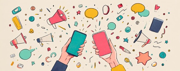 Colorful illustration with hands holding phones, surrounded by speech bubbles, megaphones, and confetti