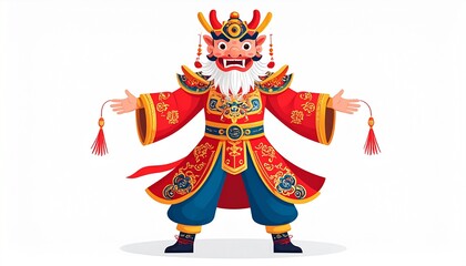Vector-style Barongsai illustration, full body, traditional Chinese patterns, bright festive colors, white background, clean composition, commercial use.