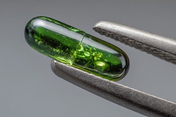 Close-up of a transparent, green capsule held by silver surgical forceps
