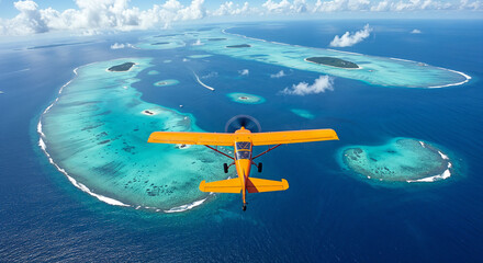 Obraz premium Top-down aerial of an orange bush plane flying over tropical lagoons
