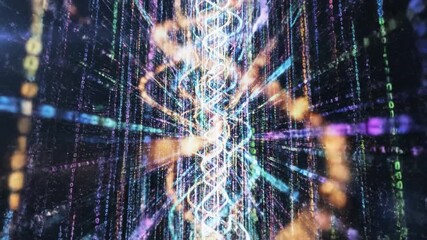 Glowing data helix digital code stream neon matrix futuristic network abstract technology binary pattern cyber background illuminated tunnel information spiral digital dna strand formed by glowing - Powered by Adobe