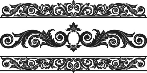 Fototapeta premium Ornate decorative border set, symmetrical floral panel, vintage scrollwork design, elegant divider, classical ornament, black vector illustration