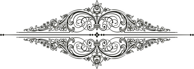WebOrnate floral divider design, symmetrical scrollwork, decorative embellishment, vintage motif, elegant border, classical ornament, black vector illustration © MdMahmudul
