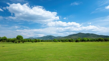 Fototapeta premium Tranquil Landscape with Green Grass, Blue Sky, and Soft White Clouds Over Rolling Hills Under Bright Sunlight in a Serene Outdoor Setting