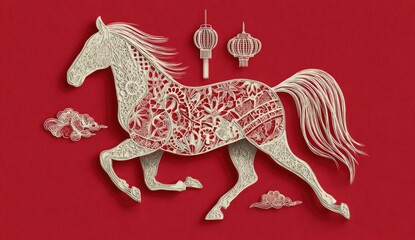Paper craft design of a horse with decorative patterns and paper lanterns on red background
