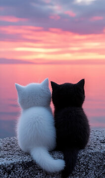 Schwarz-wei&szlig;e Katzen sitzen zusammen bei Sonnenuntergang - Freundschaft und Kontrastkonzept