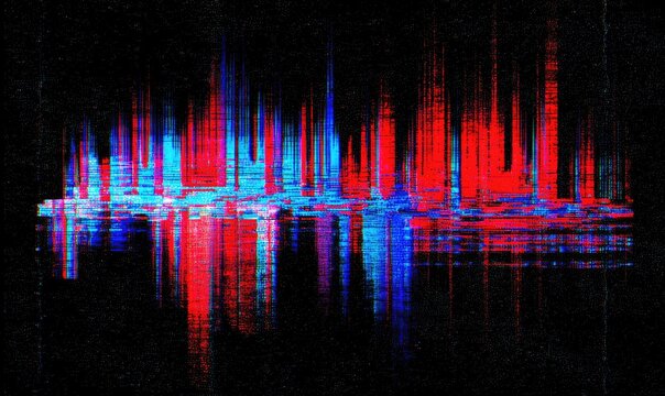 Digital abstraction with red/blue glitch bars against a textured black background - Powered by Adobe