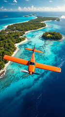 Naklejka premium Top-down aerial of an orange bush plane flying over tropical lagoons
