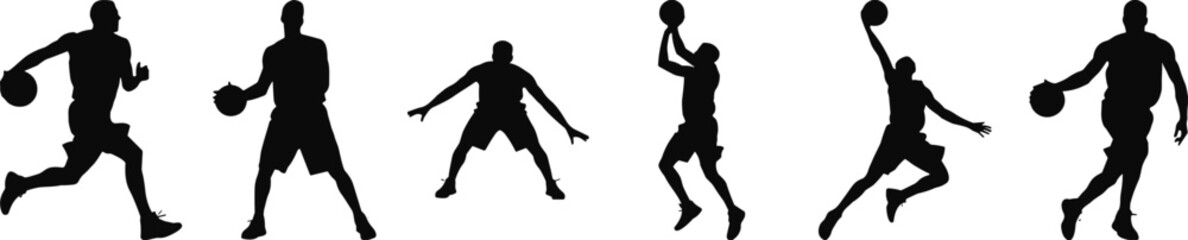 vBasketball player silhouette set, action poses, dribbling, dunking, shooting, defense, walking, running, sport icon, black vector illustration © MdMahmudul
