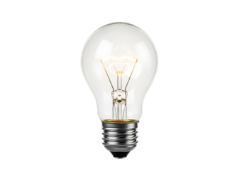 A glowing incandescent light bulb with a clear glass envelope and metal screw base, lit up to illuminate, isolated on transparent background
