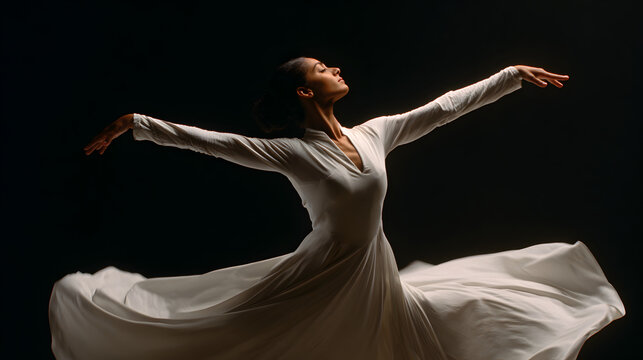 Elegant woman dancing in flowing white dress on dark background