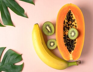 Pastel Flat Lay of Papaya, Banana, and Kiwi