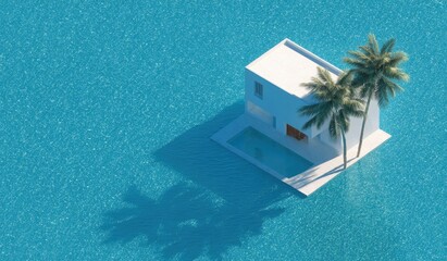 Modern white two-story house with a pool and palm trees in a turquoise body of water