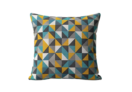 Modern geometric throw pillow with triangles in teal, yellow, and gray isolated on transparent background - Powered by Adobe
