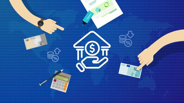 banking interest rate management and financial growth concept with central bank icon and money on global map background
