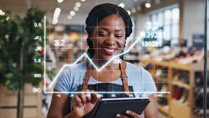 Smiling Black Business Owner Tracking Business Growth on Digital Tablet with Augmented Reality Graph in Retail Store - Powered by Adobe