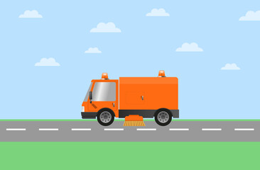 Cartoon illustration of an orange street cleaning vehicle driving on a road under a blue sky with clouds.