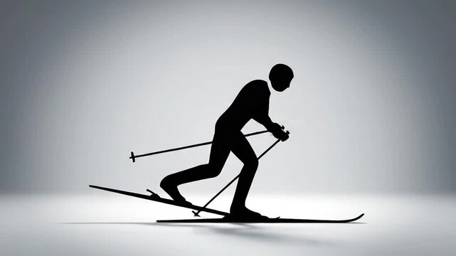 Silhouette of a skier in motion against a gradient grey background with skis and poles