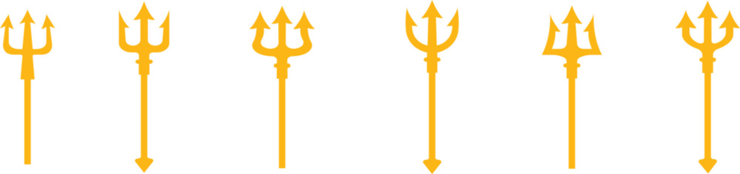 Trident Flat Style Vector Icon Set, Mythology Weapon Symbol Collection and Ancient Outline Graphic Group Featuring Trishul, Spear and Fork Emblem Designs