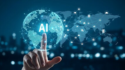 Hand interacting with futuristic AI interface on global network