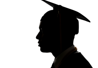 Silhouette profile of a graduating student wearing a cap and gown, isolated on transparent background