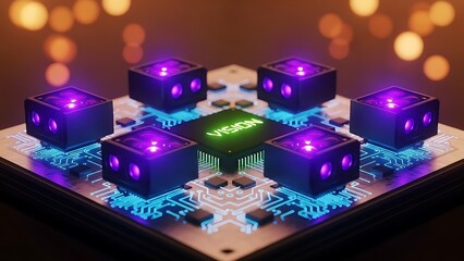 Close-up of computer chip with glowing purple cubes and green vision text
