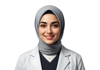 Smiling young muslim woman wearing a grey hijab and white lab coat, isolated on transparent background