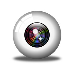 Realistic digital illustration of a human eye with a camera lens iris, symbolizing vision, surveillance, and artificial intelligence technology, isolated on white background.