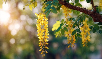 Close-up of cascading yellow flower blossoms on tree branch, sunlit backdrop