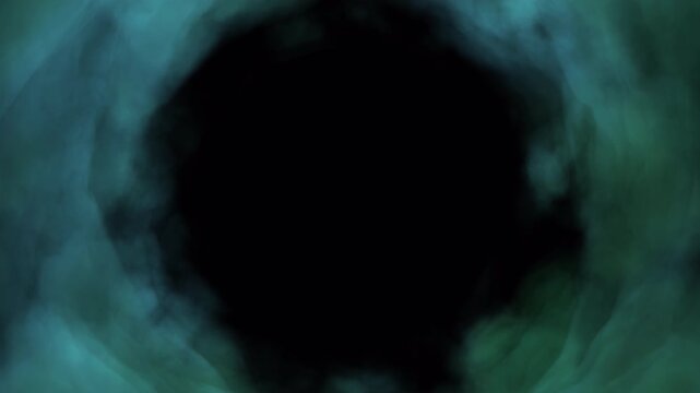 Camera flying through tunnel of mint green clouds on transparent background. Soft pastel cloud vortex animation with smooth forward motion and airy depth.