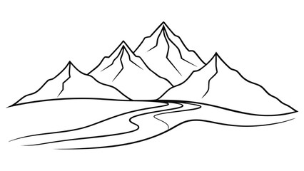 Line drawing of mountains with a flowing river in the foreground, showcasing a serene natural landscape..eps