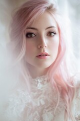 portrait of an extremely beautiful and attractive pink-haired woman with light brown eyes, wearing white lace, surrounded by an ethereal mist, with blurry details and a soft focus.