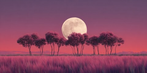 A dreamy landscape featuring a vibrant pink meadow, small trees, and a full moon in a purple sky