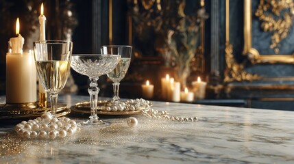 Celebrating Business Growth with an elegant still life of champagne, pearls, and candlelight on marble for luxury branding and high end promotions.