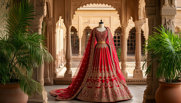 Traditional red lehenga choli outfit displayed on mannequin. Intricate gold embroidery adorns rich fabric. Ornate Indian attire features flowing skirt