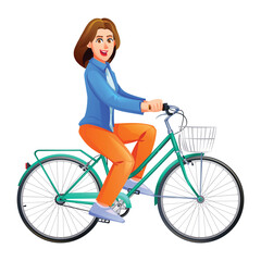 Happy woman in jacket and pants riding city bicycle on white background. Vector cartoon character illustration