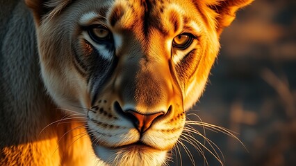 ferocity. A lioness stares intently with golden sunlight highlighting her detailed fur in a natural savanna setting. wildlife magazines.