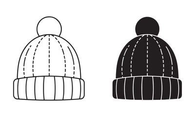 Knitted Wool Pom-Pom Hat Icon in Outline and filled Vector