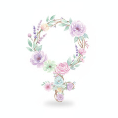 Female symbol flower wreath, pastel floral feminism design, watercolor botanical illustration, gender equality artwork, romantic spring ornament, soft feminine decoration, delicate blooming circle