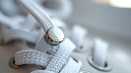 osmium. Polished metal aglet at the end of a white shoelace with metallic texture. lifestyle magazines, social media lookbooks, designed for lifestyle magazines and social media content.