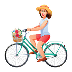 Smiling woman wearing straw hat riding bicycle with basket of flowers. Vector cartoon character illustration