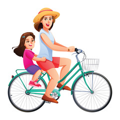 Mother in straw hat riding bicycle with young daughter on the back seat rack. Vector cartoon character illustration